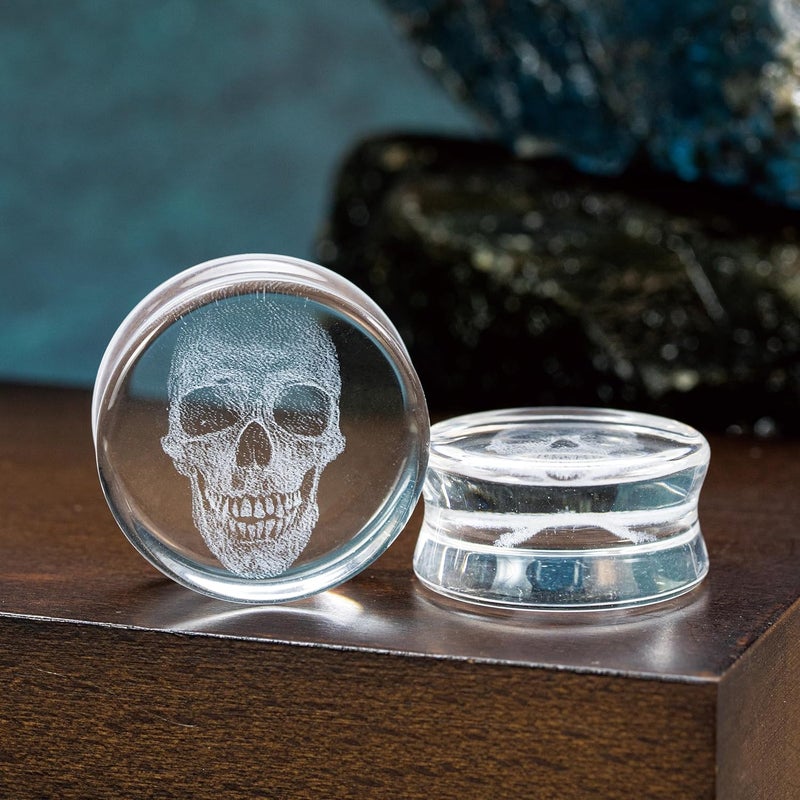 BAOSUOX Stylish Glass Skull Saddle Plugs - Ear Gauges Expander Tunnels Stretched Ears(Sold in Pairs) - Image 2